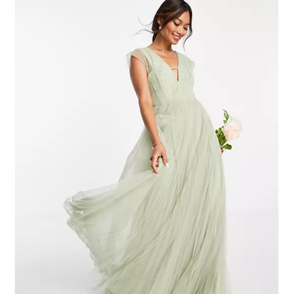 Sage green full length tulle bridesmaid or formal occasion.